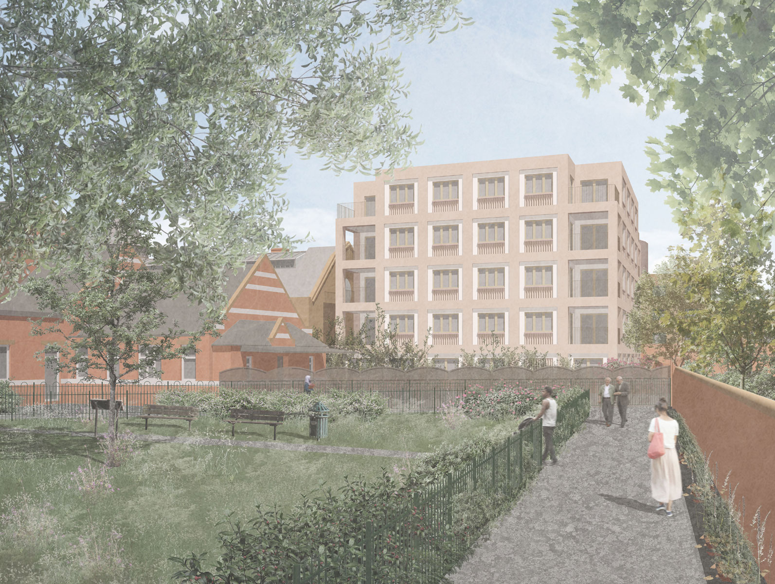 Ladywell Playtower Residential, Lewisham London, Proposed view of block option from Ladywell Fields, Pringle Richards Sharratt