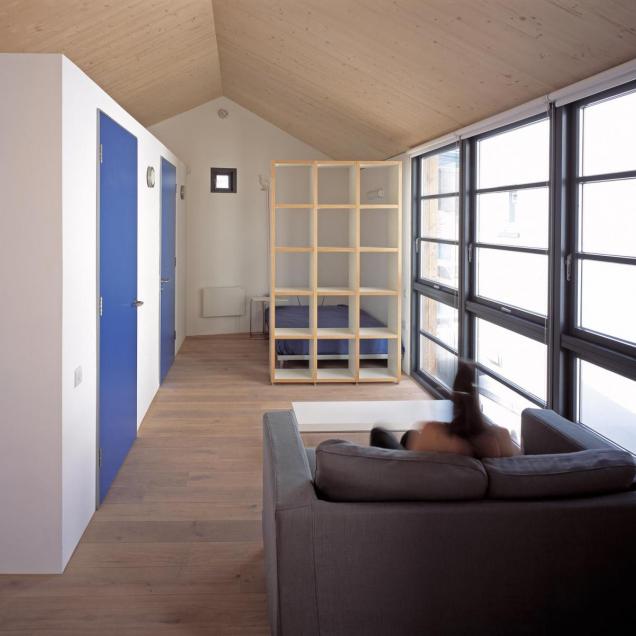 Carlisle Lane Flats, London - View of the Living room at exposed timber roof