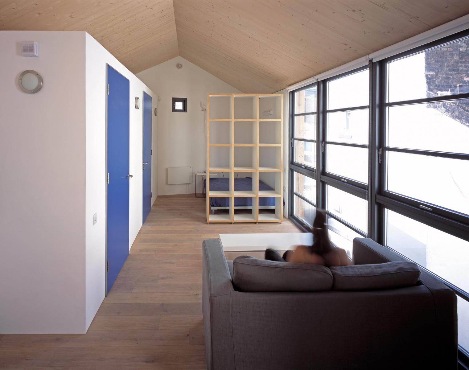 Carlisle Lane Flats, London - View of the Living room at exposed timber roof