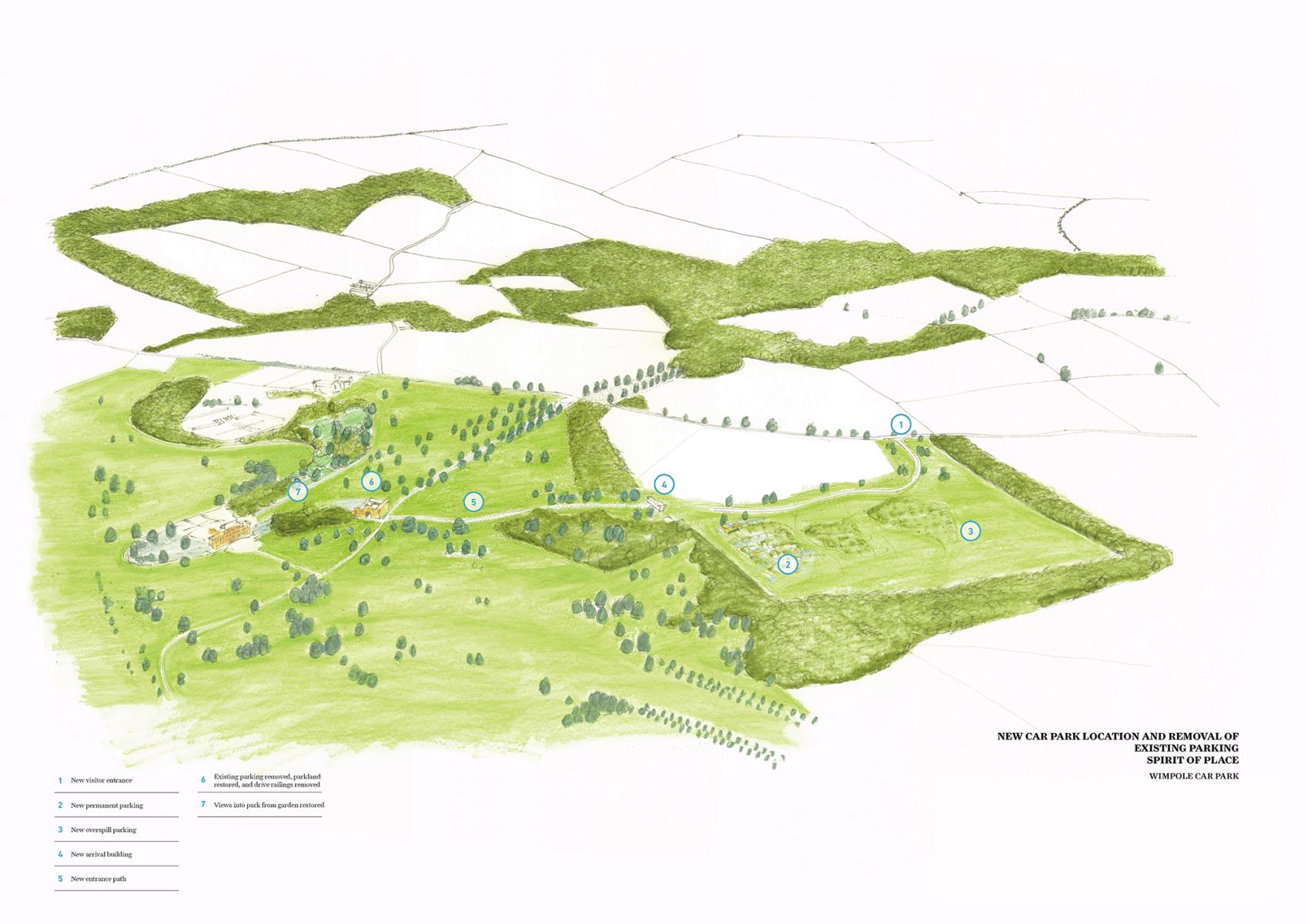 Wimpole_Sketch_New Car Park Location and Removal of Existing Parking Spirit of Place © DCLA Wimpole_Sketch_New Car Park Location and Removal of Existing Parking Spirit of Place © DCLA